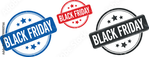 Dynamic collection of three distinctive stamp illustrations, clearly announcing the eagerly awaited Black Friday sales event with strong visual appeal for promotional campaigns