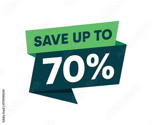 Flat vector banner design text Save up to 70% bold geometric font green and dark blue palette ribbon folded shape