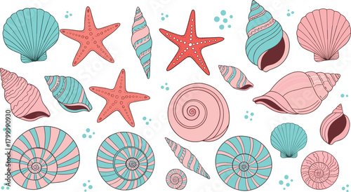 Seashell and starfish vector set with ocean beach shells, sea life elements and coastal summer nautical decor for tropical vacation design