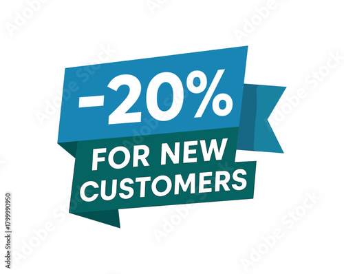 Flat vector banner design text 20% for New Customers bold geometric font blue and green palette ribbon folded shape