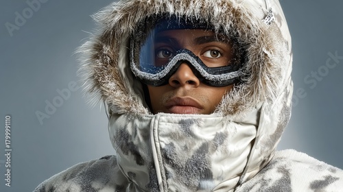 Man wearing a fur-lined coat and goggles is standing in the snow. Concept of adventure and excitement, as the man is prepared to face the cold and potentially challenging conditions