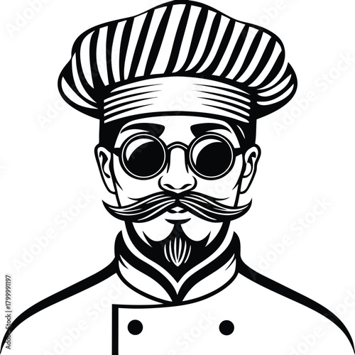 Cartoonstyle chef with mustache and striped toque sports round spectacles on white background