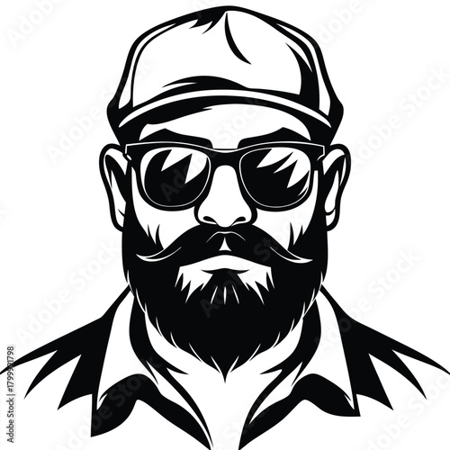 Bearded man in cap and glasses presents monochrome headshot in a black and white scheme