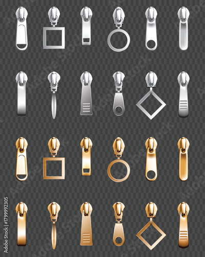 Realistic metal zipper pull collection, silver and gold, various shapes.