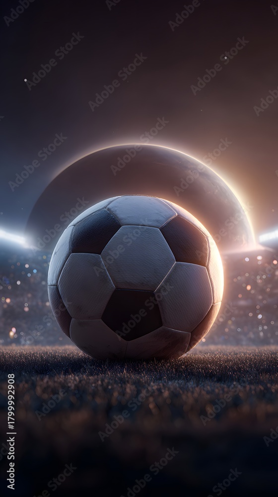 Fototapeta premium Dramatic soccer ball on field at night, stadium lights shining bright, ready for the game, sports excitement, team spirit, victory is near