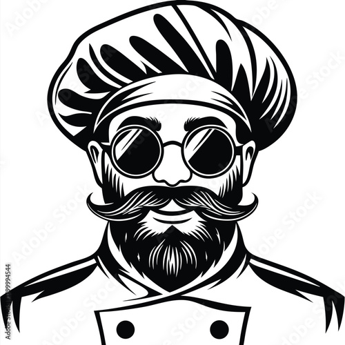 Cartoon chef with a beard and mustache is wearing stylish round sunglasses