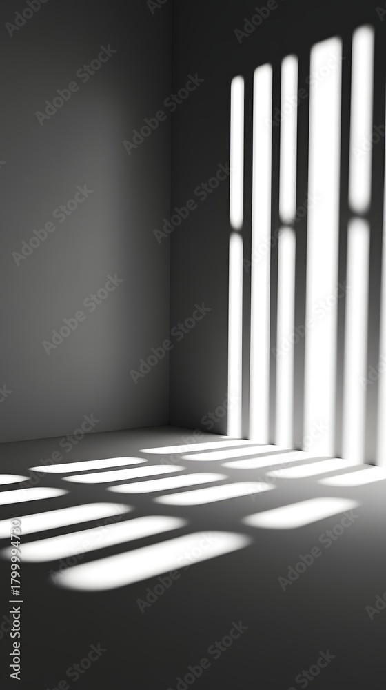 Naklejka premium Sunlight streaming through window blinds casting shadows Photo