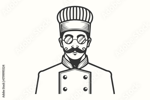 Illustrated chef with spectacles and a big mustache is drawn in monochrome
