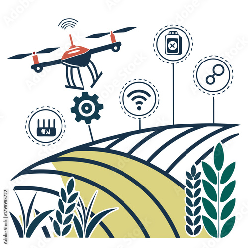 Smart agriculture technology with drone, gear, and field icons on