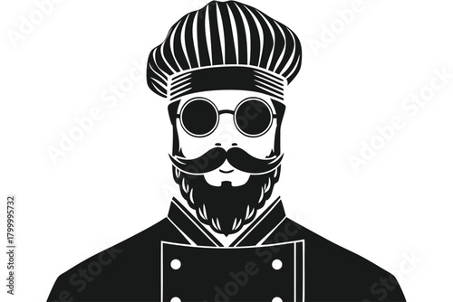 An illustrated chef with a cool mustache and beard wears chef's hat
