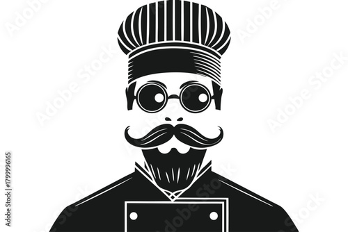 Distinguished chef with spectacles displays a neatly groomed mustache and beard in black monochrome