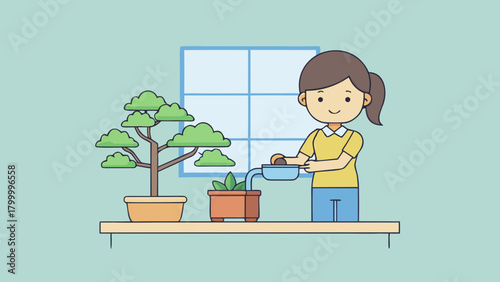 Girl watering bonsai tree in a bright and airy environment