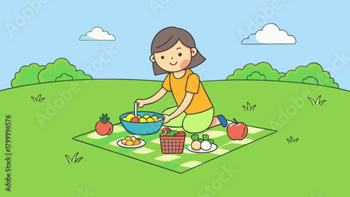 Girl having picnic outdoors with food on a blanket