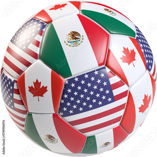Soccer events in North America concept. A soccer ball covered with American, Mexican, Canadian flags isolated on transparent background