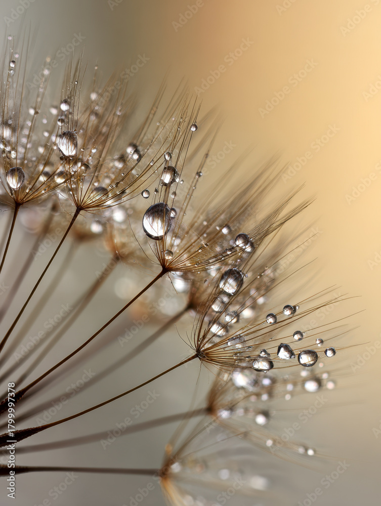 Obraz premium Delicate seeds of a dandelion adorned with glistening dew drops against a soft golden and muted background, capturing the beauty of nature in a tranquil close-up scene