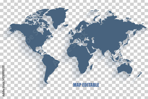 Editable world map vector with modern flat design and long shadow