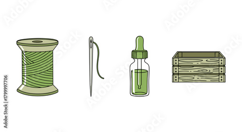 Sewing supplies including green thread, needle, dropper, and crate  , Post-Plastic Innovation icon set