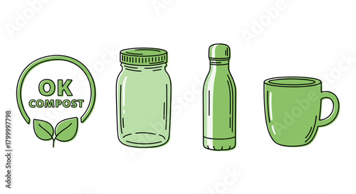 Eco-friendly containers in green featuring sustainable design elements  , ok compost logo, glass jar bootle, mug, Post-Plastic Innovation icon set
