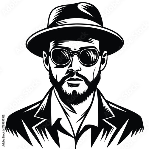 Bearded man wears a hat and sunglasses in a bold monochrome line art style