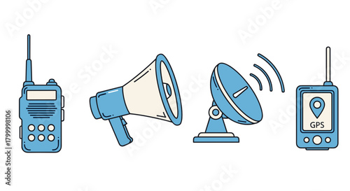 Communication devices including radio, megaphone, satellite, and GPS  , Climate Resilience Tech icon set