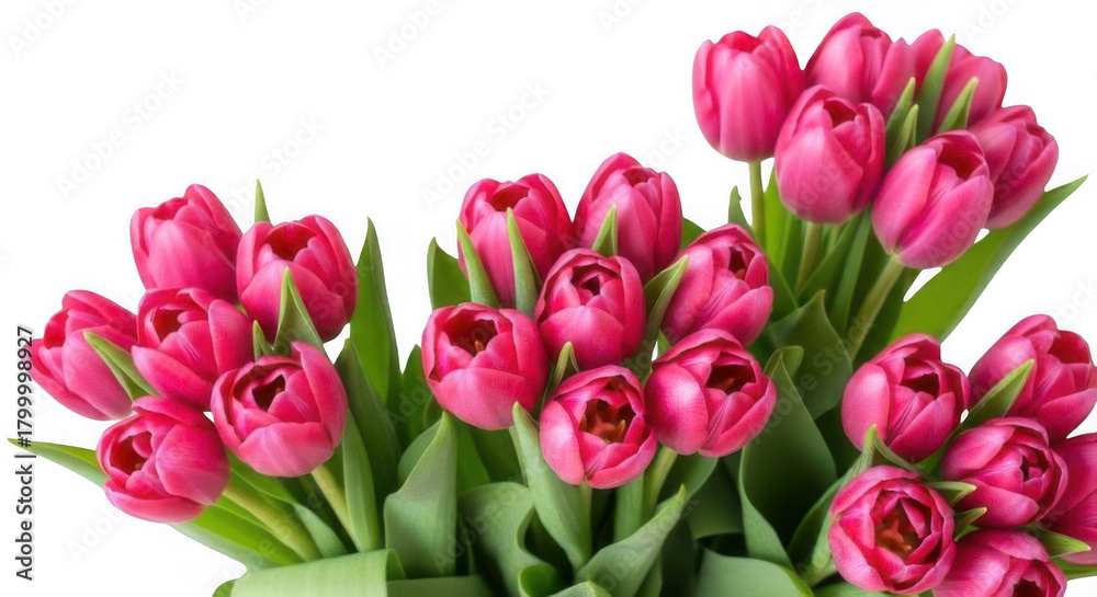 Obraz premium A beautiful large bouquet of fresh vibrant pink tulips with green leaves isolated on a clean white background.