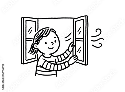 handdrawn cute doodle style person opening window for fresh air vector line illustration