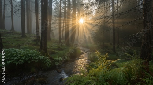 Sunlight streaming through the trees in a misty forest landscape scene