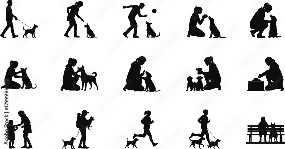 Naklejka premium dog, human, silhouette, walk, play, train, feed, groom, posture, motion, bond, pet, care, icon