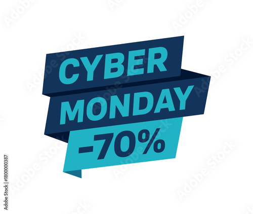 Flat vector banner design text Cyber Monday 70% bold geometric font navy and cyan palette ribbon folded shape