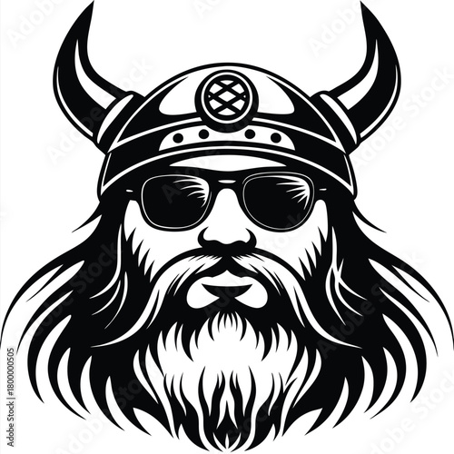 Black and white illustration shows a cool Viking warrior wearing sunglasses and helmet