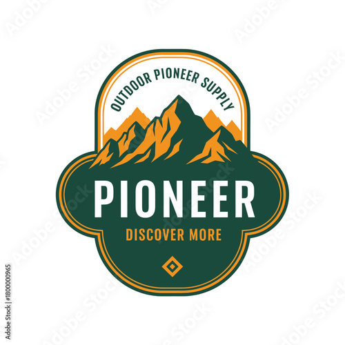 Logo for Pioneer Outdoor Supply with mountains and text.