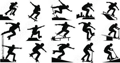 skateboard, scooter, silhouette, trick, posture, motion, ramp, urban, gear, jump, grind, action, youth, icon