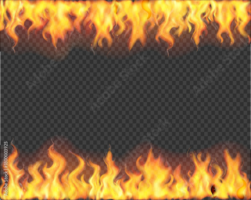 Realistic burning fire flames border with hot glow and embers effect