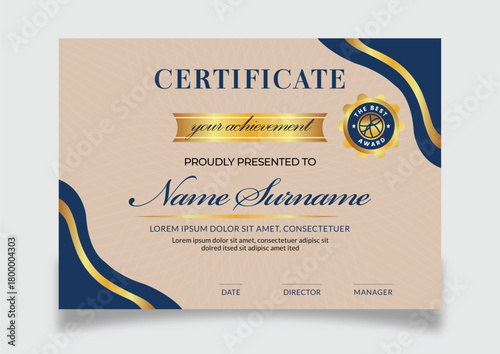 Certificate of achievement with gold ribbon and seal, presented to name surname