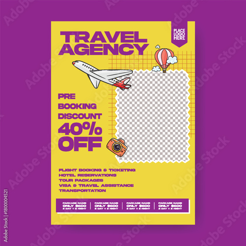 Retro vintage travel agency A4 print flyer and vertical poster template design for travel sale, holiday tour promotion, flight ticket booking, hotel resort booking advertisement.