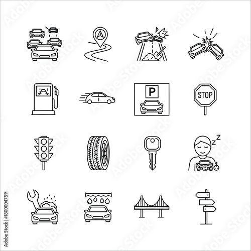 Set of car icons representing transportation, traffic, and auto services Vector