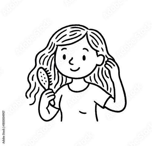 handdrawn cute doodle style woman brushing hair vector line illustration