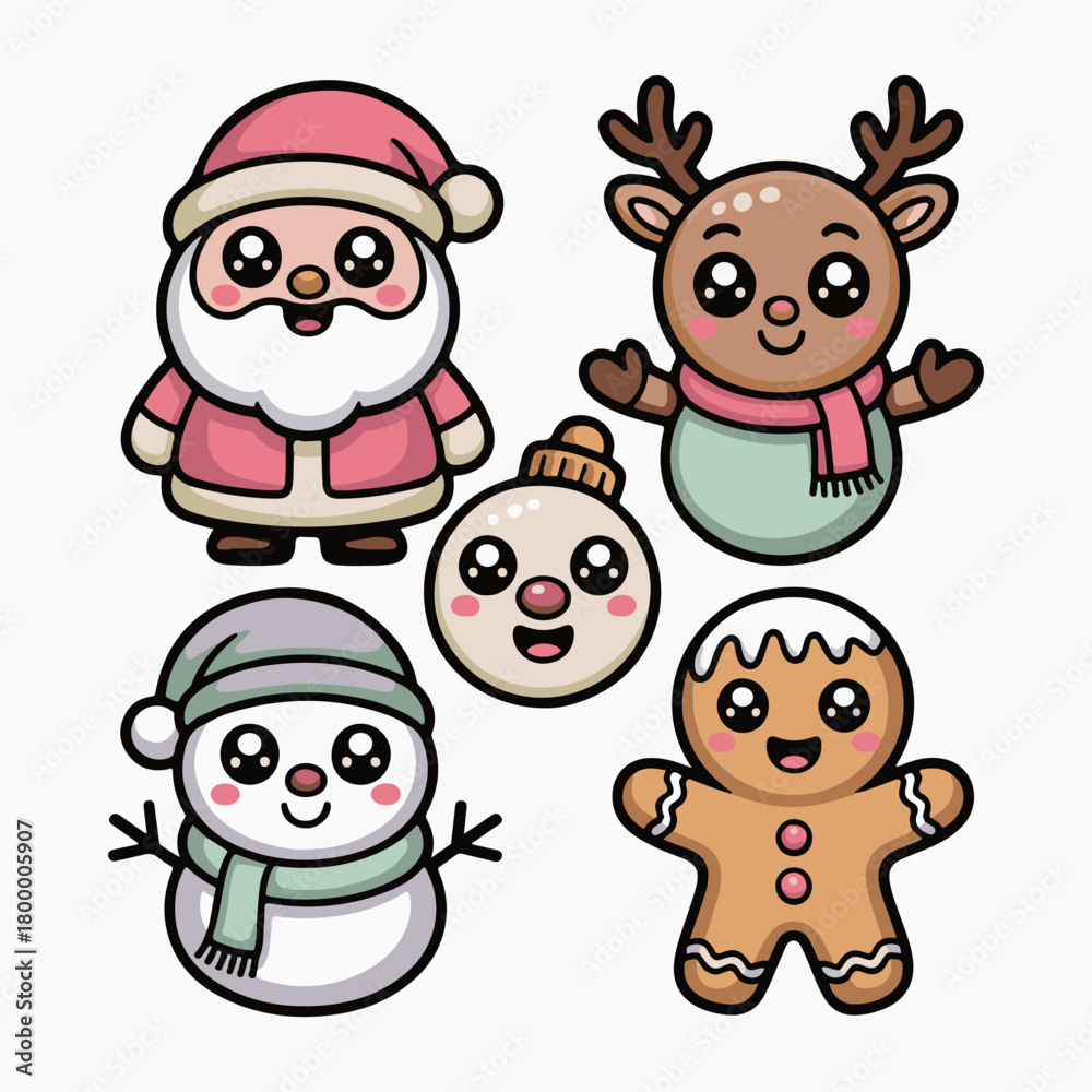 Naklejka premium Adorable kawaii christmas characters including santa claus reindeer snowman gingerbread man and snowball festive holiday illustration