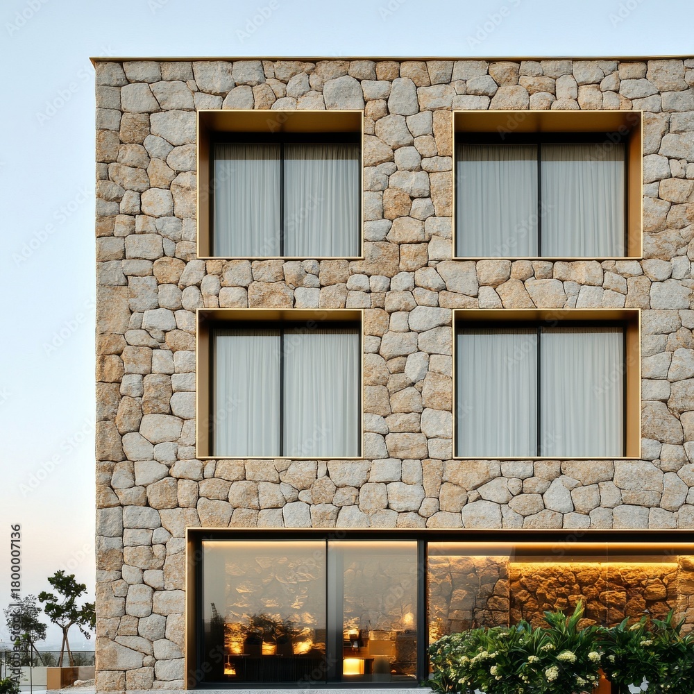 Fototapeta premium Stone Facade Building with Golden Frames, Architecture , Design