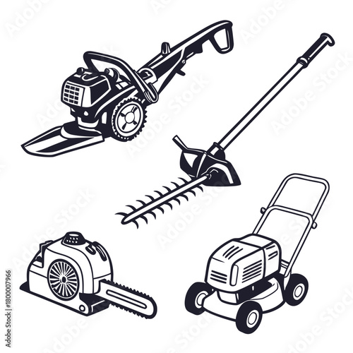 Collection of lawn care equipment isolated on for gardening