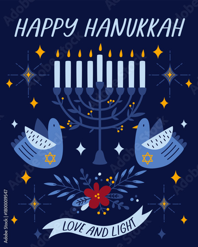 Hanukkah greeting card. Traditional jewish holiday illustration design with happy hanukkah congratulation. Vector cartoon illustration isolated on a blue background.