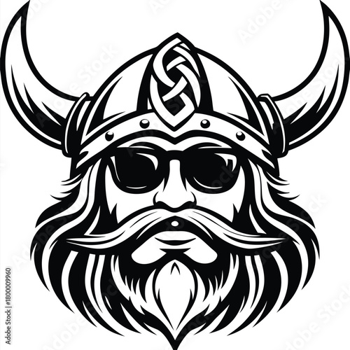 Cool Viking warrior with sunglasses and horned helmet gazes forward in stark black and white