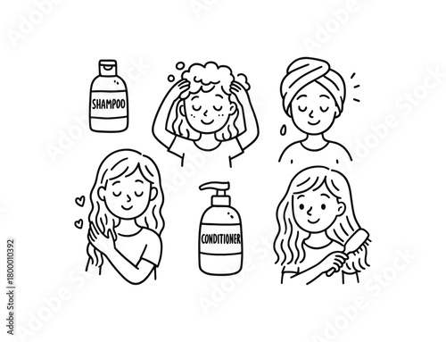 handdrawn cute doodle style hair care ritual vector line illustration