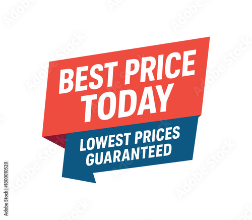 Flat vector banner design text Best Price Today subtitle Lowest prices guaranteed bold geometric font red and blue palette ribbon folded shape