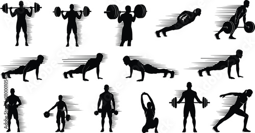 fitness, exercise, silhouette, workout, motion, posture, strength, training, stretching, pushup, dumbbell, barbell, body, icon