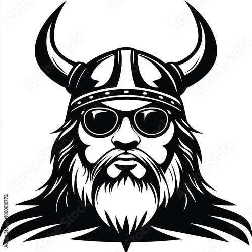 Black and white viking man wears a horned helmet and stylish round sunglasses