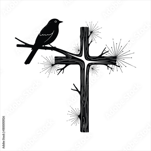 A bird silhouette perched on a branch that naturally splits into a wooden cross with organic minimal design and subtle Christmas spark symbols in black and white