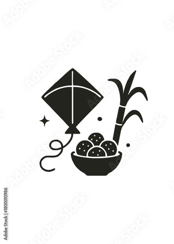 Festival kite and sweet bowl icon with sugarcane symbolizing cultural celebration joy tradition harvest season and festive activities in bold minimalist black silhouette style
