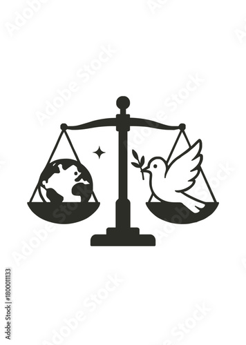 Balanced scale icon featuring globe and peace dove symbolizing global harmony justice equality diplomacy and world peace in minimalist silhouette style
