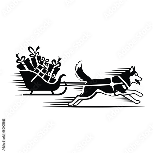 A husky silhouette pulling a cross-shaped sleigh filled with Christmas gifts with dynamic motion lines and simplified festive vector design in black and white